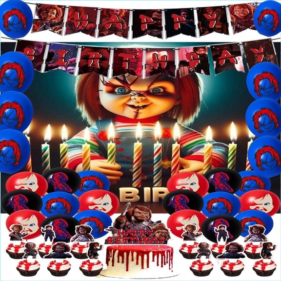 Horror film Birthday Party Decorations, Scary Themed Party Supplies Kit with Happy Birthday Banner, Cake Topper, Cupcake Toppers & Latex Balloons for Kids Birthday, Anime Party Favors