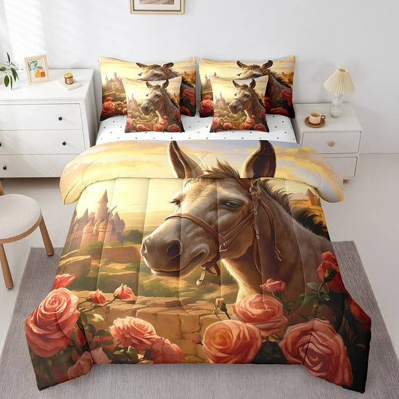 Horse 7 Piece Comforter Set Full Bed in a Bag,Rose Flowers Bedding Sets Western Animals Fitted Sheet,Farm Farmhouse Decor Sheet Set with Comforter