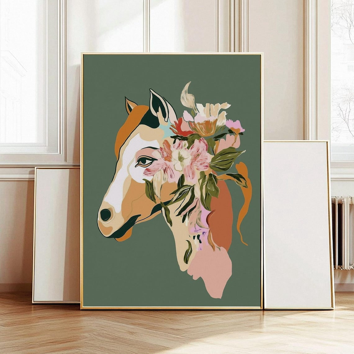 Horse Abstract Art Print Digital, Green Floral Wall Art, Modern ... - Digital Art For Modern Apartments