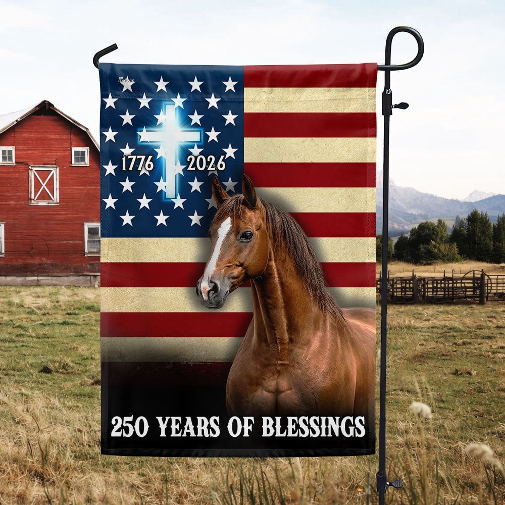 Horse American Flag, 250 Years of Blessings Christian Cross US Flag