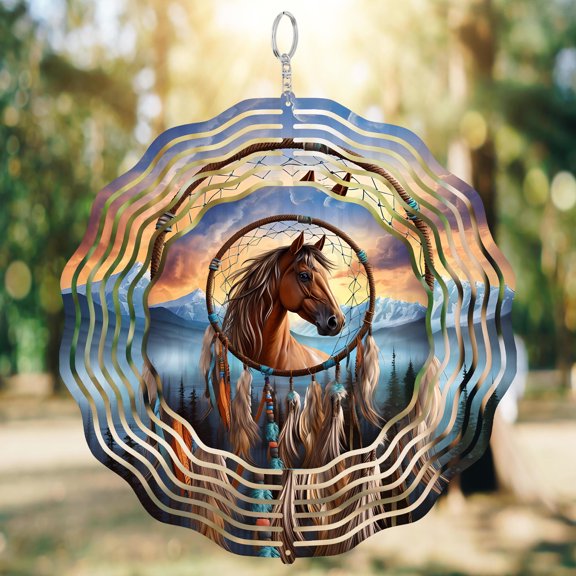 Horse And Dream Catcher 3D Wind Spinner Stainless Steel Kinetic Hanging Decor