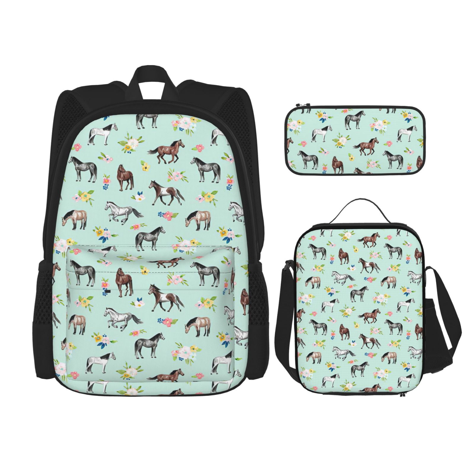 Horse And Floral Pattern Backpack Insulated Lunch Bag Pencil Case Makeup Bag Three Piece Set For Work Office Laptop Picnic Camping Travel