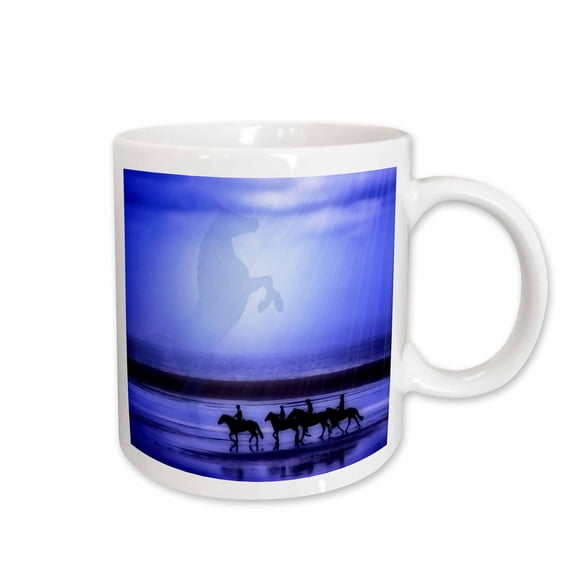 3drose, Horse and Riders on the Beach at Twilight with the Silhouette of a Horse Reaching for the Light., 15oz Mug