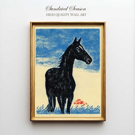 Horse Art Vintage Japanese Equestrian Black Illustration Farmhouse, Unframed Canvas 8x10in