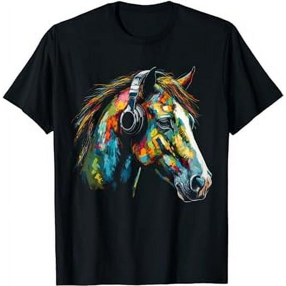 Horse Artwork Colourful Music Animal Headphones Horse Black oversized loose and comfortable T-Shirt