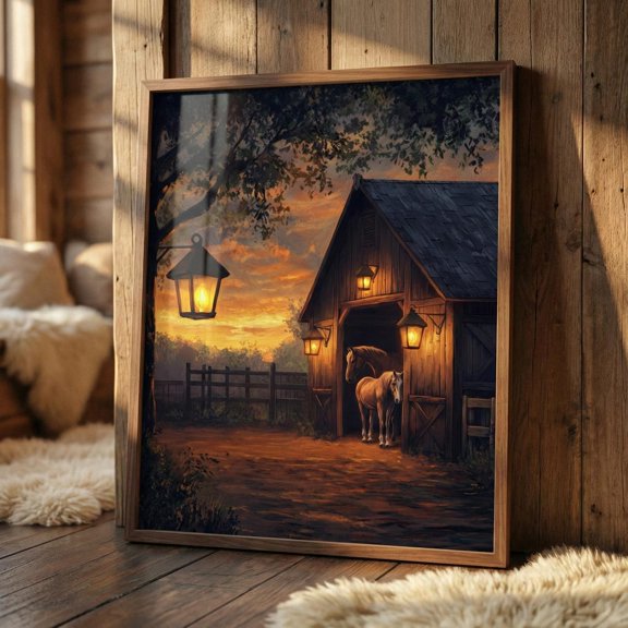 Horse Barn Rustic Twilight Landscape Wall Decor Unframed Paper Print