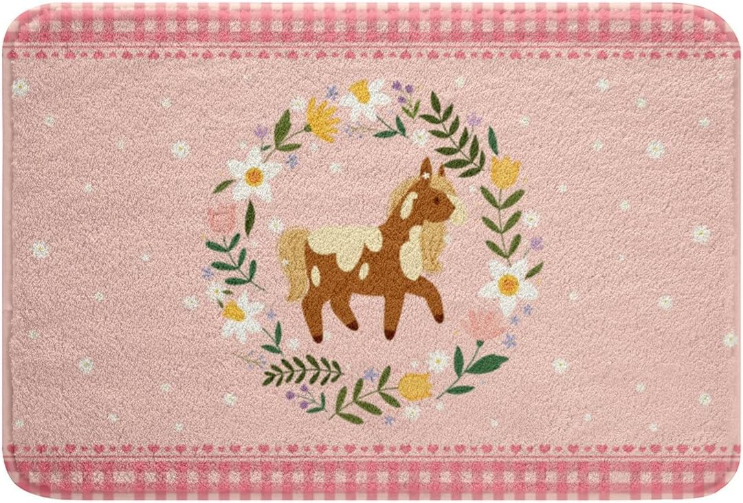 Horse Bath Mat for Bathrooms Cartoon Horse Bathroom Rugs for Teens Pink Flower Botanical Leaves