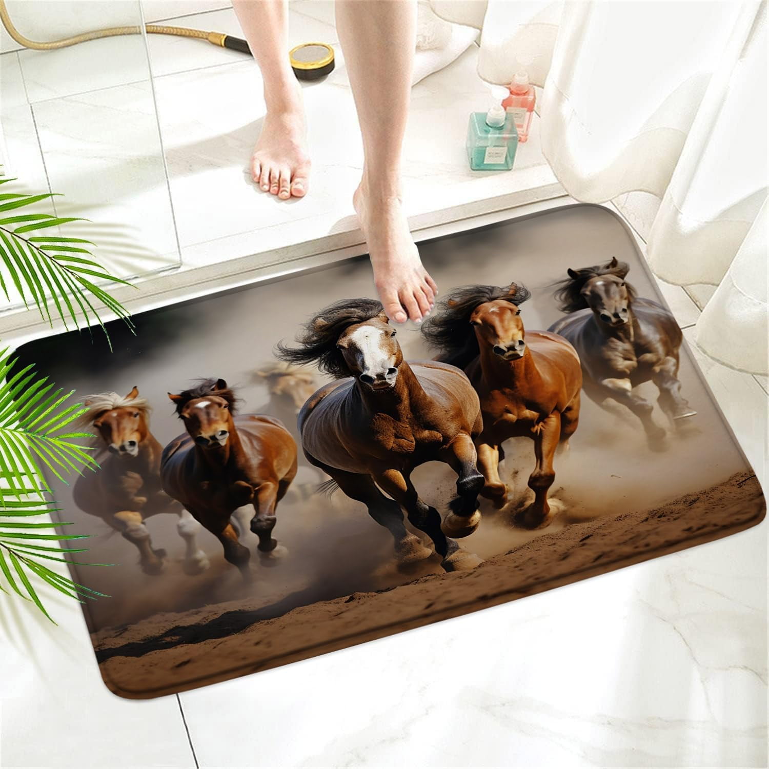 Horse Bath Mat,Rustic Western Country Masculine Stallion Horses Run in Desert Farm Wildlife