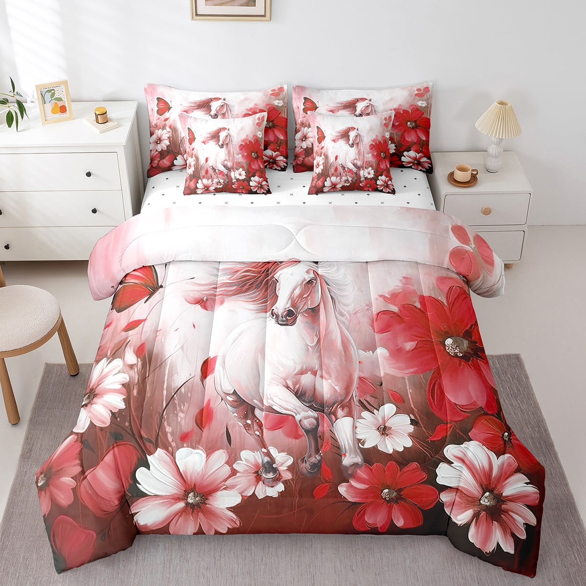 Horse Bed in a Bag Queen Comforter Set 7 Piece Daisy Flowers Bedding