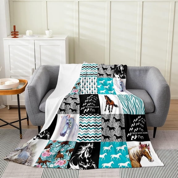 Horse Bed Blanket 40x50,Western Farmhouse Horse Blanket for Girls,Boho Arrow Teal Zebra Stripe Throw Blanket for Kids Boys Women,Rose Flower Rustic Cowboy Fleece Blanket Black White