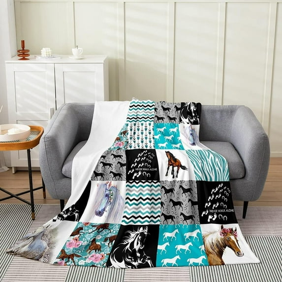 Horse Bed Blanket 40x50,Western Farmhouse Horse Blanket for Girls,Boho Arrow Teal Zebra Stripe Throw Blanket for Kids Boys Women,Rose Flower Rustic Cowboy Fleece Blanket Black White