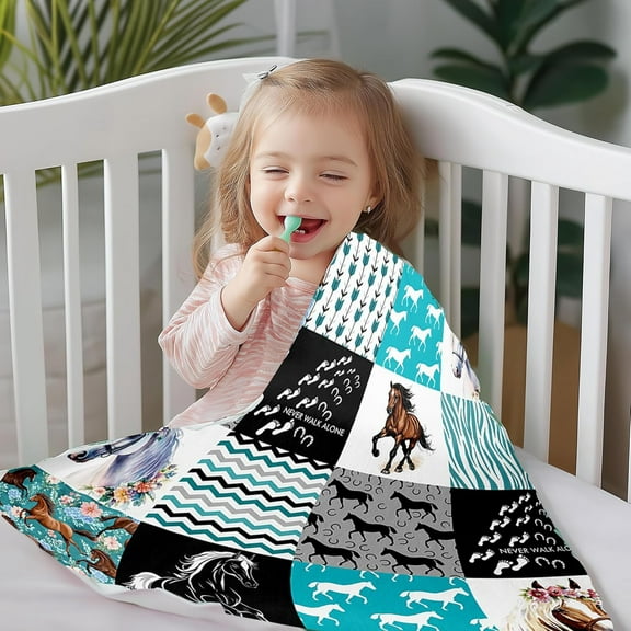 Horse Bed Blanket Baby 30x40,Western Farmhouse Horse Blanket for Girls,Boho Arrow Teal Zebra Stripe Throw Blanket for Kids Boys Women,Rose Flower Rustic Cowboy Fleece Blanket Black White