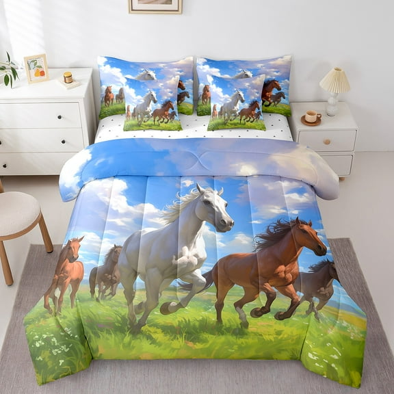 Horse Bed in a Bag Queen Comforter Set 7 Piece,Western Bedding Sets Queen,Wild Farm Animals Sheet Set with Comforter Blue Sky Clouds Farmhouse Decor