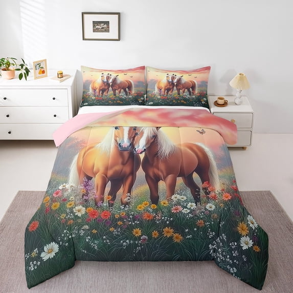 Horse Bedding Sets King Size,Botanical Floral Comforter Set Adults,Western Cowgirl Bedding Comforter Sets Aesthetic Country Bed Set,Horse Decor Room (Pink Reversible)