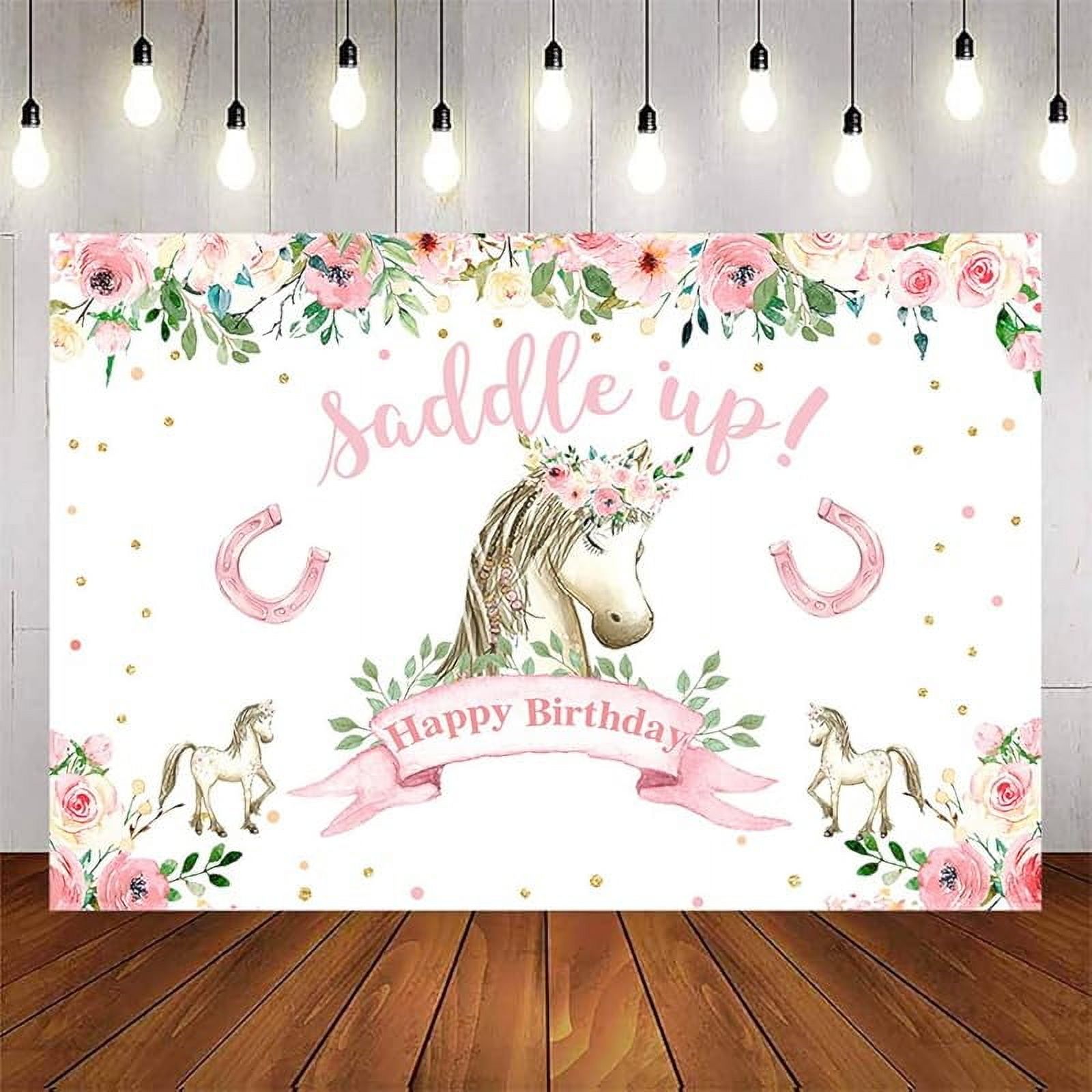 Cute Horse Birthday Backdrop – 7x5ft Pony Party Decor With Pink Floral Design For Cowgirl Themes & Dessert Tables - View #11