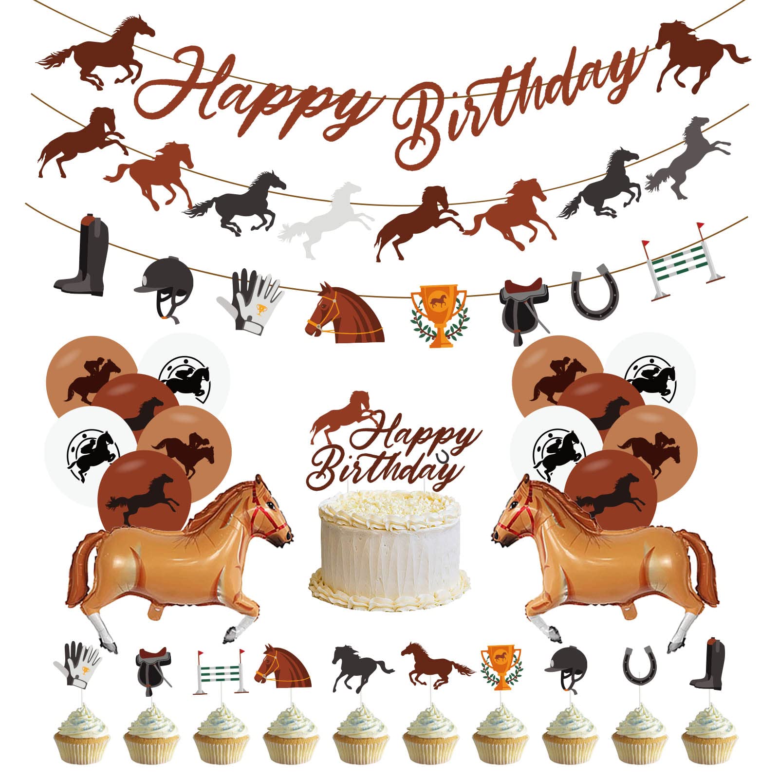 Horse Theme Party Decorations Set - Includes Banner, Cake Topper, Cupcake Toppers & Balloons