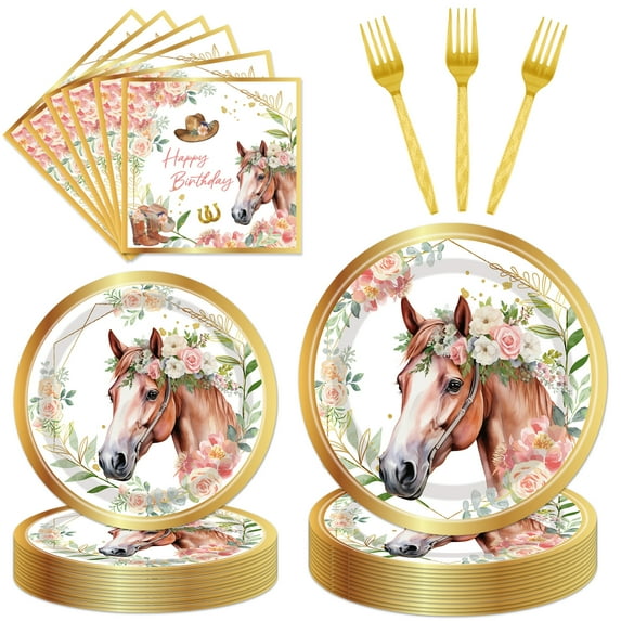 Horse Birthday Party Supplies Tableware - 96 Pcs Golden Horse Themed Plates and Napkins Sets with Forks, Cowgirl Birthday Party Decorations,