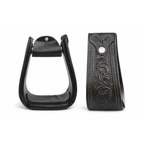 Horse Black Leather Floral Tooled Offset Western Saddle Stirrups 51173BK