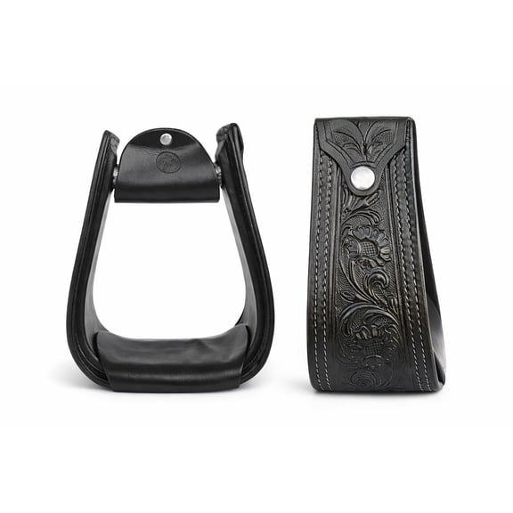 Horse Black Leather Floral Tooled Offset Western Saddle Stirrups 51173BK