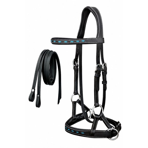 Horse Black Leather Turquoise Buckstith Bitless Sidepull Bridle Reins 7714TR-F