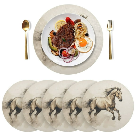 Horse Black Round Placemats Plate Mats 15 Inch Non-Slip Heat Resistant Washable PVC Set Indoor for Kitchen Dining Table 1PC