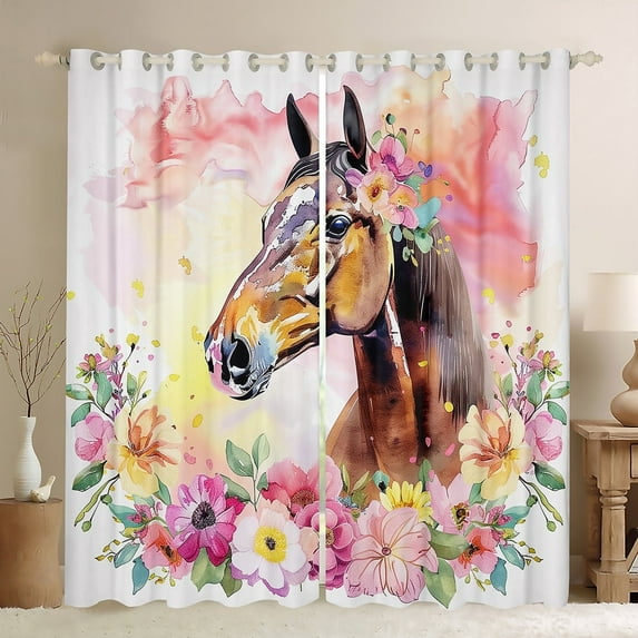 Horse Blackout Curtains Boho Floral Curtains for Living Room 2 Panels 42"Wx84"L,Farm Animals Curtains & Drapes Watercolor Flowers Window Curtains,Rustic Farmhouse Bohemian Decor