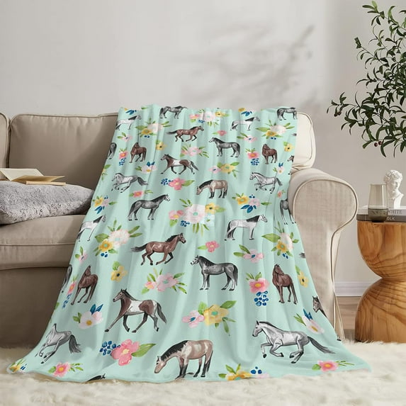 Horse Blanket 40"x50" Green Super Soft Warm Horse Throw Blanket Lightweight Cozy Flannel Animal Throw Blanket Bed Couch Sofa Decor Gift for Girl and Women