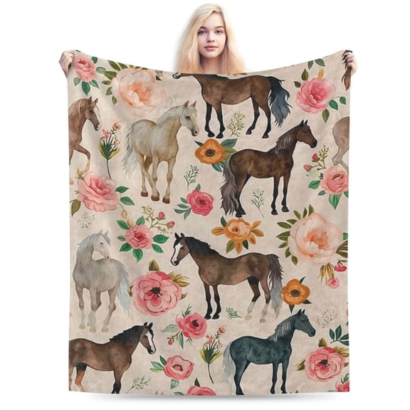 Horse Blanket,Floral Horse Flannel Throw Blankets 50x40
