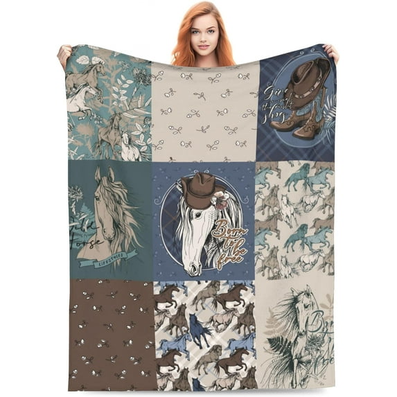 Horse Blanket Funny Running Horses and Wildflowers Throw Blankets Gifts for Girls Adults Lightweight Soft Fleece Cozy for Sofa Couch Bed Room Travel Birthday Party Decor 60x80in
