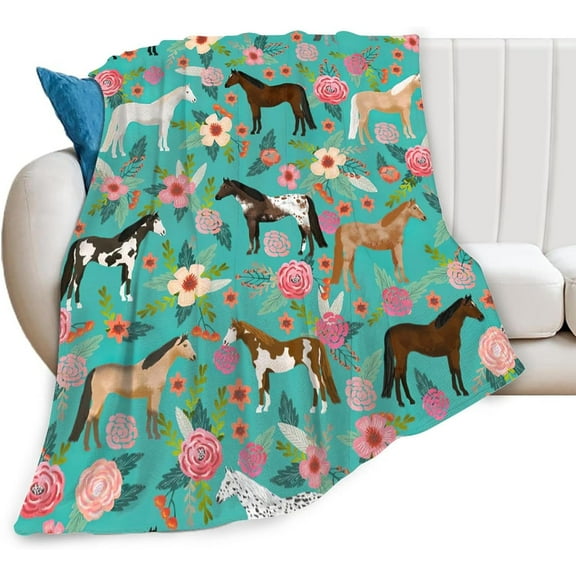 Horse Blanket Gifts for Girls Women Cute Horses Flowers Flannel Fleece Throw Blanket Soft Warm Fuzzy Pink Blanket for Horse Lovers Decor Bed Couch Living Room for Kids 50"x40"