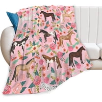 Horse Blanket Gifts for Girls Women Western Horses Flowers Print Fleece Flannel Throw Blankets Soft Lightweight Animal Plush Stuffed Pink Throws for Adults Bed Sofa Decor add Same printed canvas bag