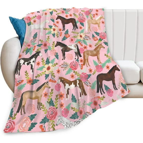 Horse Blanket Gifts for Girls Women Western Horses Flowers Print Fleece Flannel Throw Blankets Soft Lightweight Animal Plush Stuffed Pink Throws for Adults Bed Sofa Decor add Same printed canvas bag