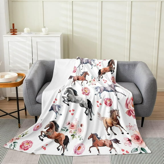 Horse Blanket for Kids Boys Girls Teens,Farmhouse Western Cowboy Cowgirls Throw Blanket 40x50,Cute Love Heart Kawaii Horse Fleece Blanket,Rustic Pink Rose Floral Bed Blanket