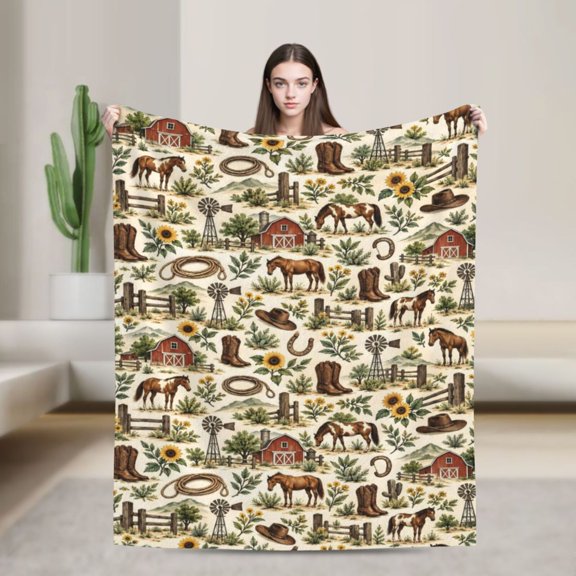 Horse Blanket Western Ranch Sunflowers Barns Windmills Gift for Horse Lovers 50x40 in