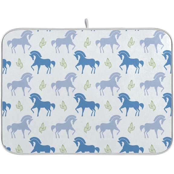 Horse Blue Dish Drying Mat for Kitchen, Microfiber Absorbent Dish Draining Mat, Large Kitchen Drying Mats Heat Resistant Drying Pad for Counter 18x24
