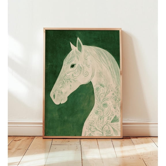Horse Botanical Line Drawing Minimalist Green Equestrian Nature Art Unframed Paper Print