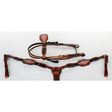 Horse Bridle Western Leather Headstall Breast Collar Show Tack Beaded Green 7911