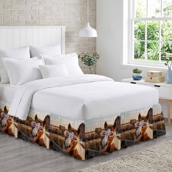 Horse Butterfly Bed Skirt Queen Size 16 Inch Drop, Vintage Funny Farm Sunglasses Horse Butterfly Adjustable Elastic Dust Ruffles Bedskirt for Queen Bed Wrap Around Pleated Mattress Frame Cover