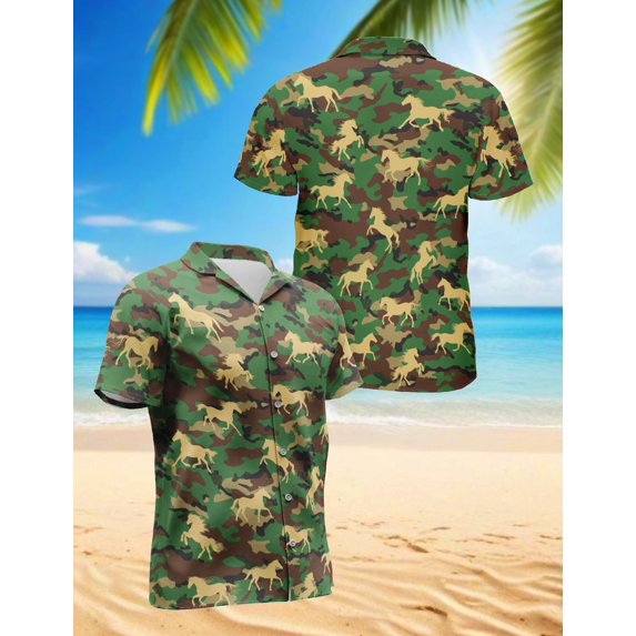 Horse Camo Hawaiian Shirt for Men, Button Down Summer Beach Short Sleeve, Horse Lover Gift, Sizes S-5XL