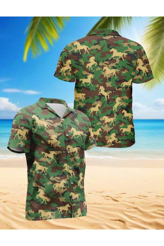 Horse Camo Hawaiian Shirt for Men, Button Down Summer Beach Short Sleeve, Horse Lover Gift, Sizes S-5XL