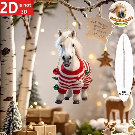 Horse Christmas Ornament, 2D Acrylic Horse Holiday Party Decor, Flat Acrylic Car Rear View Mirror Charm Pendant, Horses Ornaments for Christmas Tree Outdoor Indoor Car Home Decor(2PC)