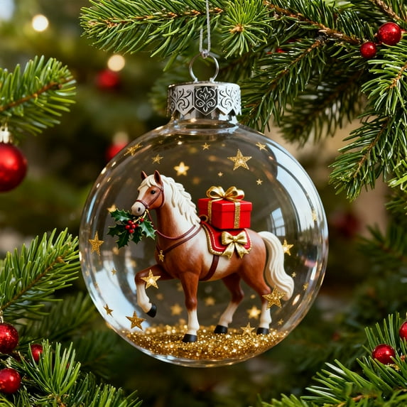 Horse Christmas Ornament - Clear Acrylic Bauble with Equestrian Figurine, Glitter & Metallic Top, Themed Holiday Decor for Tree, Unique Gift for Horse Lovers, Farmhouse Christmas