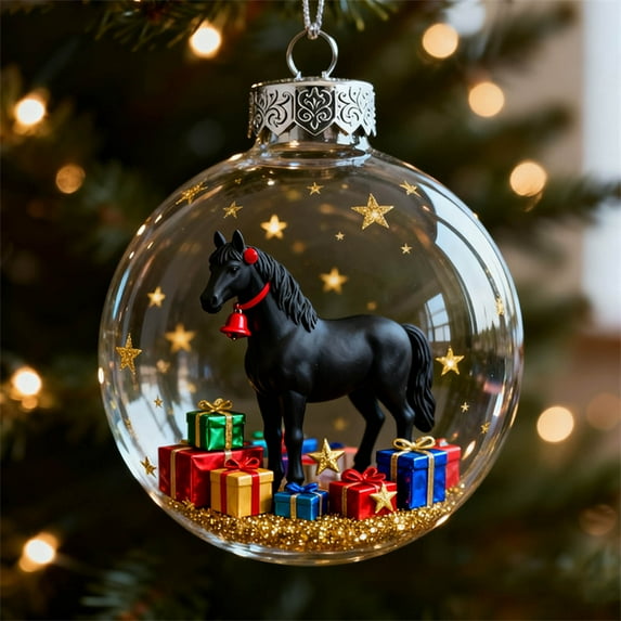 Horse Christmas Ornament - Clear Acrylic Bauble with Equestrian Figurine, Glitter & Metallic Top, Themed Holiday Decor for Tree, Unique Gift for Horse Lovers, Farmhouse Christmas