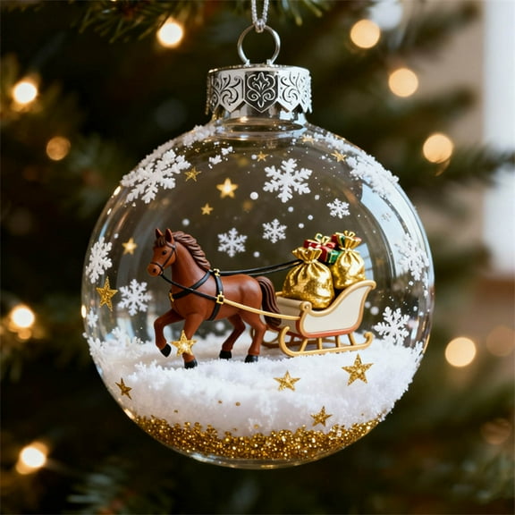 Horse Christmas Ornaments for Tree, Animal Decorations, Rustic Farmhouse Xmas Tree Hanging Décor Handcrafted Clear Plastic Ball, Gift for Horse Lovers, 3.15in(F)