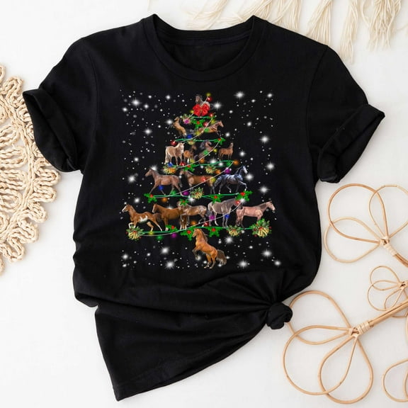 Horse Christmas Tree T-Shirt, Funny Horse Lover Gift, Horse Christmas Lights Shirts, Christmas Shirts for Women Men