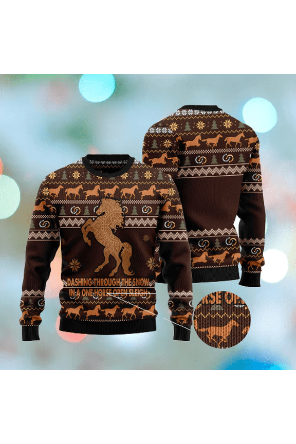 Horse Christmas Ugly Sweater Horse Dashing Through The Snow In A One Horse Open Sleigh Brown Sweater