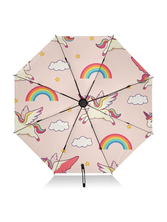 Horse Cloud Rainbow Pattern Umbrella Folding Sun Umbrella Travel Auto Open Close Large UV50+ 40in