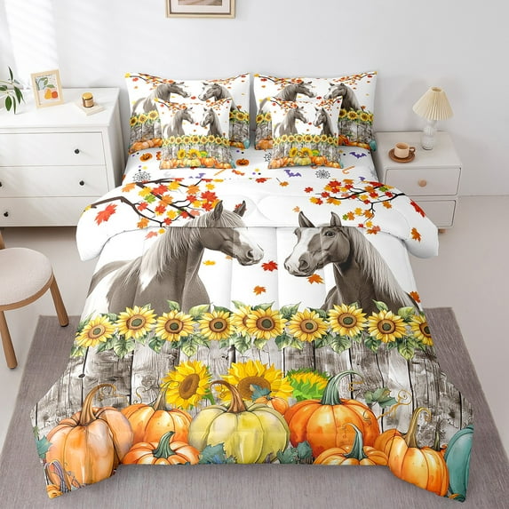 Horse Comforter Set 7 Piece Bed in a Bag Twin Autumn Harvest Pumpkin Bedding Sets,Farmhouse Sunflower Sheet Set with Comforter Farm Animals Western Bed Set,Thanksgiving Fall Decor