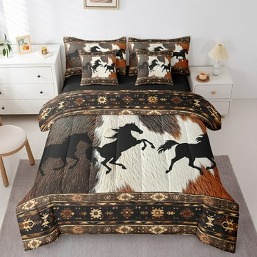 Horse Comforter Set 7 Piece Bed in a Bag Twin Geometry Aztec Bedding Sets,Farm Animals Cowhide Sheet Set with Comforter Cowboy Bed Set,Western Home Decor Rustic Farmhouse Decor