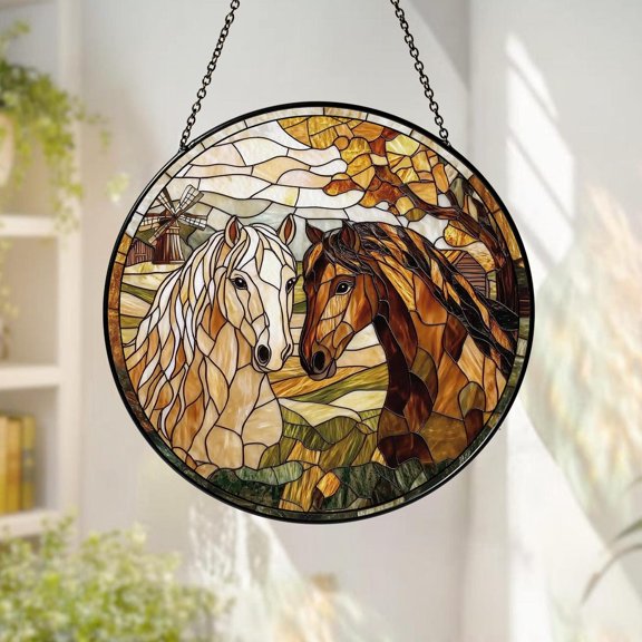 Horse Couple Glass Suncatcher, Equestrian Ranch Window Hanging Decor, 7.9 in